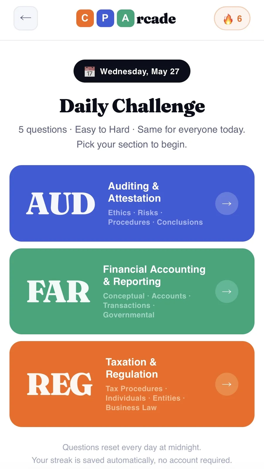 Daily Challenge section selection screen